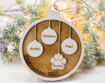 Personalized Christmas ball family human and animal, Christmas gift tag wood with name, Christmas ball name gift tag