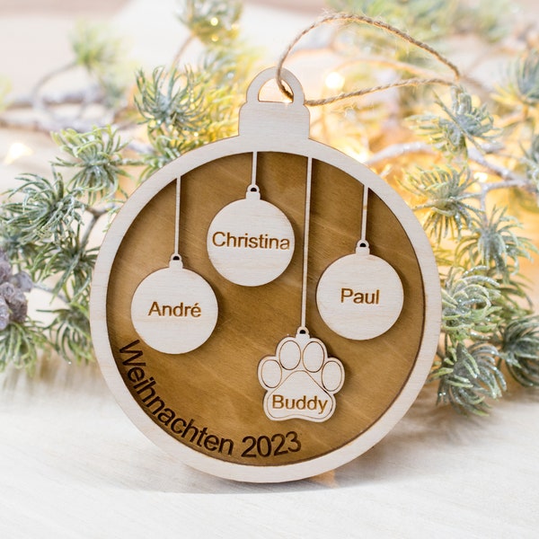 Personalized Christmas ball family human and animal, Christmas gift tag wood with name, Christmas ball name gift tag
