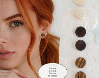 Handgjorda örhängen i trä 4, 6, 8, 11 mm | Rökt ek, lönn, myrten | Rostfritt stål, 925 silver, förgyllt | Naturliga smycken, presentidé