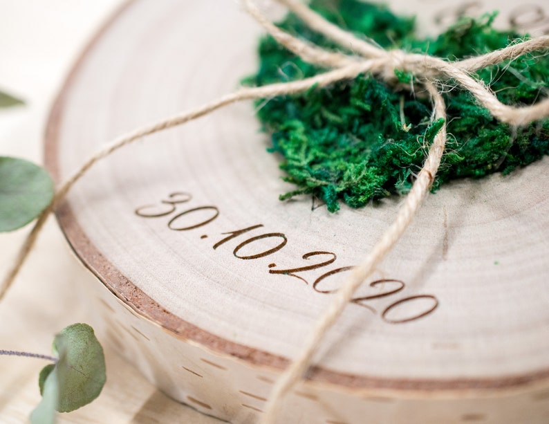 Wedding Ring bearer, Wooden Ring Pillow, Tree Slice, Moss Heart, Country Wedding Decor, Rustic Tree Slice, Ring Holder, Personalized Name image 6