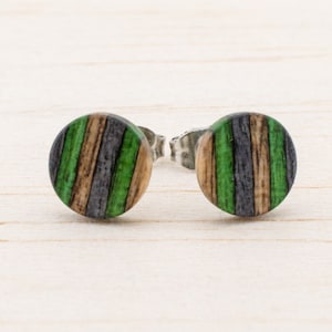 Spring ear studs 8mm, post earrings Summer wooden, Recycling Upcycling Earrings, mens stud earrings handmade, Gift for her, unisex jewelry