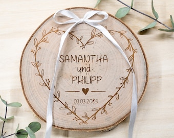 Personalisiertes Ringkissen, Holz Baumscheibe Kranz Hochzeit, Birke Gravur, Ringträger Trauringe, alternatives Ringkissen, Ringkissen Namen,