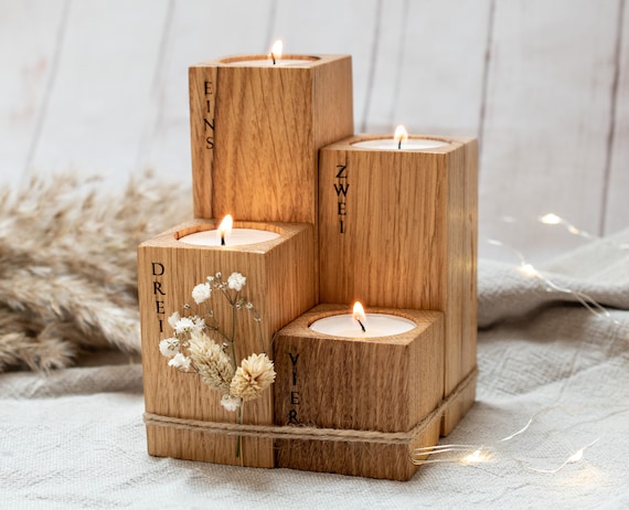 Moderner Adventskranz Aus Holz | 4er Set Kerzenhalter Scandinavian Style Nordic | Teelichthalter Graviert Kerzenständer Nachhaltig