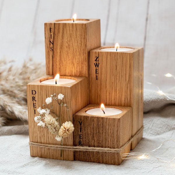 Moderner Adventskranz aus Holz | 4er Set Kerzenhalter Scandinavian Style Nordic | Teelichthalter graviert Kerzenständer nachhaltig Landhaus