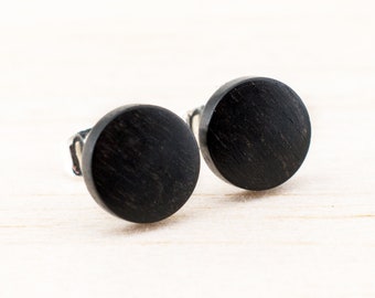 Black Wooden Stud earrings 8mm, earrings mens faux gauge unisex wood post studs country wedding Boho