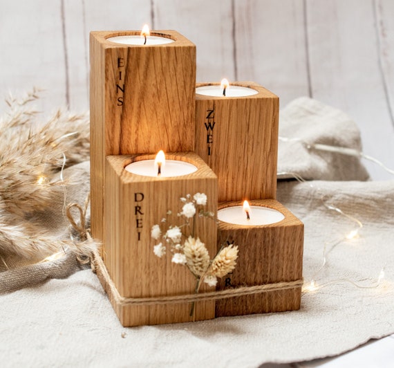 Candle Holder Advent Wreath Made of Wood Tealight Holder Engraved  Candlestick Sustainable Scandinavian Country House Set of 4 Made of Oak -   Canada
