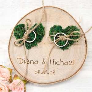 Wedding Ring bearer, Wooden Ring Pillow, Tree Slice, Moss Hearts, Country Wedding Decor, Rustic Tree Slice, Ring Holder, Personalized Name image 1