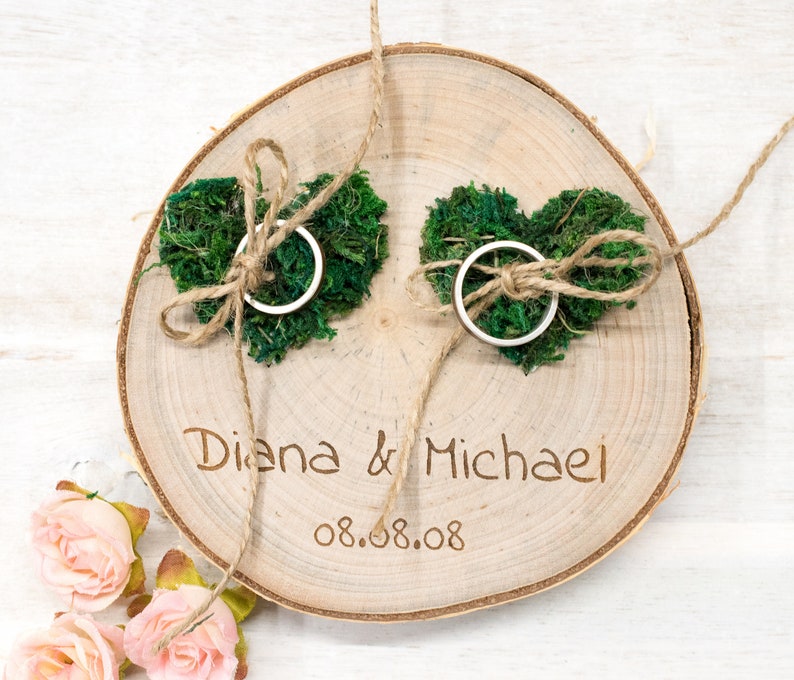 Wedding Ring bearer, Wooden Ring Pillow, Tree Slice, Moss Hearts, Country Wedding Decor, Rustic Tree Slice, Ring Holder, Personalized Name image 1