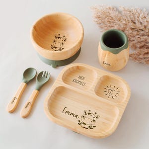 Teller Set personalisiert, Baby Löffel, Gabel, Kinderteller, Holzschüssel Baby, Kids and Baby, Babyteller Saugnapf, Taufgeschenk, Geburt