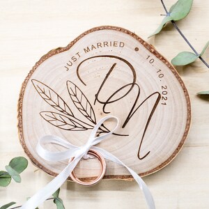 Personalized Wedding Ring bearer, Wooden Ring Pillow, Tree Slice Ring Bearer, Rustic Wedding Decor, Rustic Tree Slice, Ring Holder, image 6