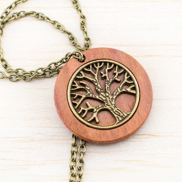 Baum des Lebens Halskette, Holz Halskette Medaillon Lebensbaum, Geschenk für Freundin, Brautjungfern Geschenk für Sie, Vintage Schmuck