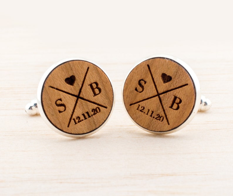 Personalized Wood Cuff Links Mens Jewelry Groom Groomsmen Cufflinks individual rustic country wedding Gift for man Wood handmade Bronze zdjęcie 6