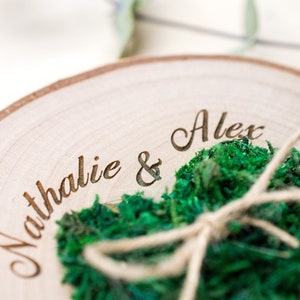 Wedding Ring bearer, Wooden Ring Pillow, Tree Slice, Moss Heart, Country Wedding Decor, Rustic Tree Slice, Ring Holder, Personalized Name image 5