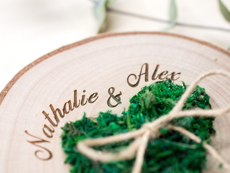 Wedding Ring bearer, Wooden Ring Pillow, Tree Slice, Moss Heart, Country Wedding Decor, Rustic Tree Slice, Ring Holder, Personalized Name image 5