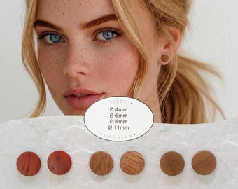 Handgjorda örhängen i trä – valnöt, korall och mahogny, unisex, 4 storlekar (4, 6, 8, 11 mm) Örhängen i present till henne, naturliga smycken