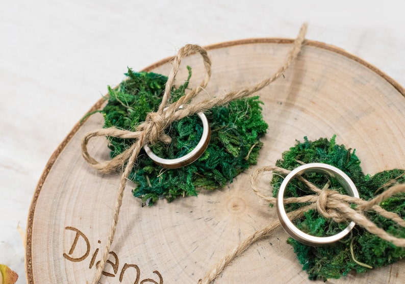 Wedding Ring bearer, Wooden Ring Pillow, Tree Slice, Moss Hearts, Country Wedding Decor, Rustic Tree Slice, Ring Holder, Personalized Name image 5