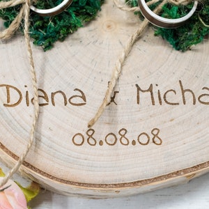 Wedding Ring bearer, Wooden Ring Pillow, Tree Slice, Moss Hearts, Country Wedding Decor, Rustic Tree Slice, Ring Holder, Personalized Name image 7