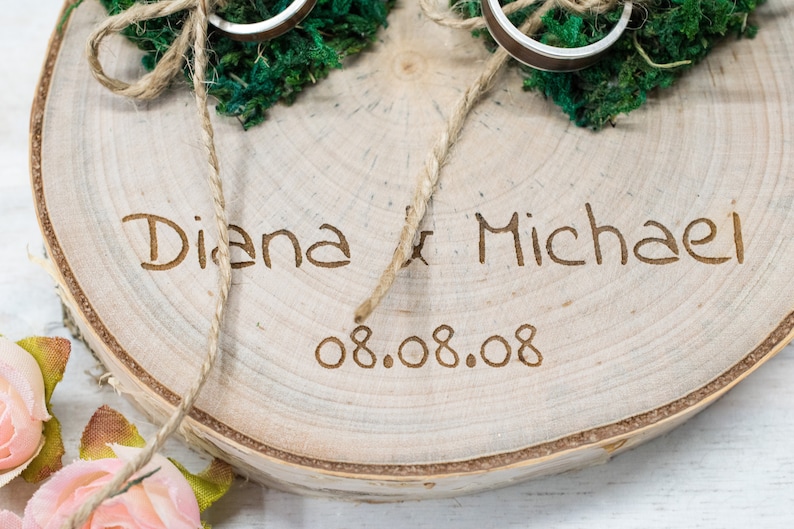 Wedding Ring bearer, Wooden Ring Pillow, Tree Slice, Moss Hearts, Country Wedding Decor, Rustic Tree Slice, Ring Holder, Personalized Name image 7