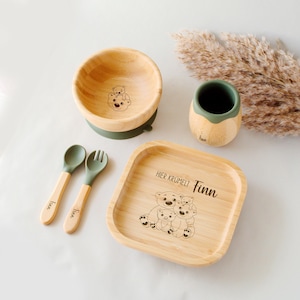 Bambus-Silikon-Geschirr-Set mit Saugnapf, personalisiert mit deinem Namen & Tiermotiven – BPA-frei - für kleine Entdecker - Entwöhnungs-Set