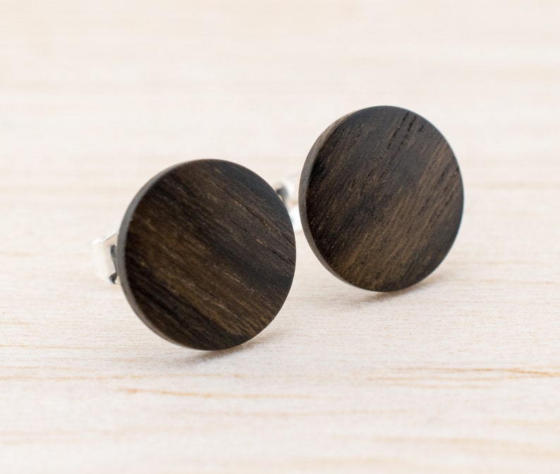 Wood earrings Ø11mm Wooden ear studs Thin post studs round Fake Plug Gauge Earrings wood faux illusion personalized wooden ear studs image 3