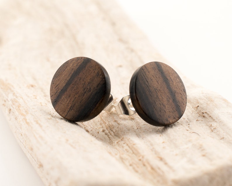 Wood earrings Ø11mm Wooden ear studs Thin post studs round Fake Plug Gauge Earrings wood faux illusion personalized wooden ear studs image 8