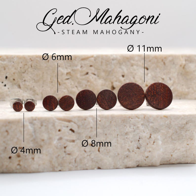 Größenvergleich der Holz Ohrstecker 4mm 6mm 8mm 11mm