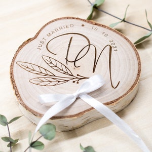 Personalized Wedding Ring bearer, Wooden Ring Pillow, Tree Slice Ring Bearer, Rustic Wedding Decor, Rustic Tree Slice, Ring Holder, image 2