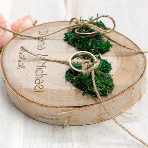 Wedding Ring bearer, Wooden Ring Pillow, Tree Slice, Moss Hearts, Country Wedding Decor, Rustic Tree Slice, Ring Holder, Personalized Name image 3