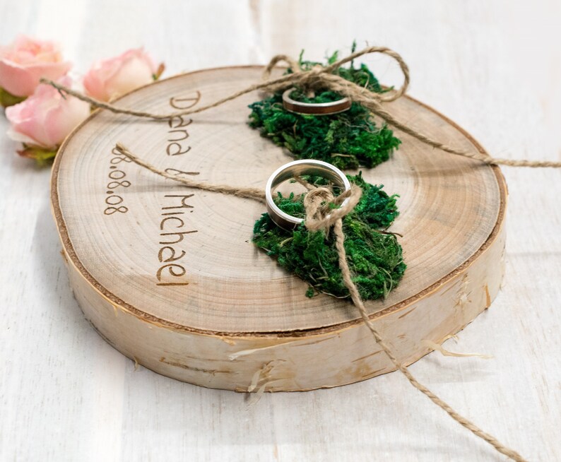 Wedding Ring bearer, Wooden Ring Pillow, Tree Slice, Moss Hearts, Country Wedding Decor, Rustic Tree Slice, Ring Holder, Personalized Name image 3