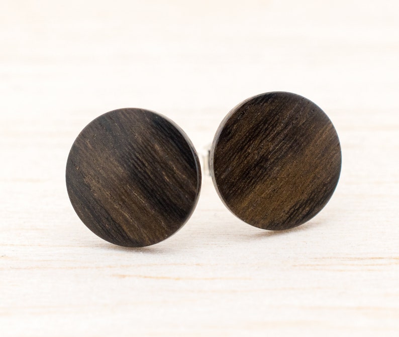 Wood earrings Ø11mm Wooden ear studs Thin post studs round Fake Plug Gauge Earrings wood faux illusion personalized wooden ear studs image 1