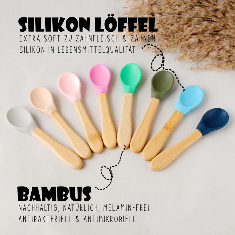 Bambus Löffel mit Silikon, der beste Begleiter für dein Kind  beim Essen lernen. Der Löffel ist Antibakteriell und Melamin frei