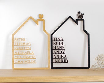 House with name made of wood, personalized wall decoration housewarming gift, Christmas gift family wedding gift, wooden house personalized