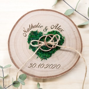 Wedding Ring bearer, Wooden Ring Pillow, Tree Slice, Moss Heart, Country Wedding Decor, Rustic Tree Slice, Ring Holder, Personalized Name image 7