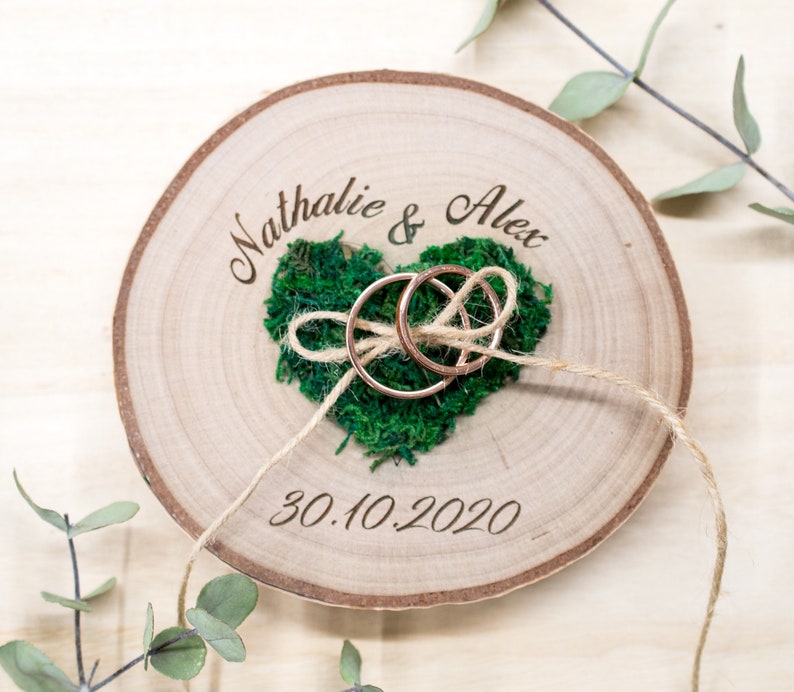 Wedding Ring bearer, Wooden Ring Pillow, Tree Slice, Moss Heart, Country Wedding Decor, Rustic Tree Slice, Ring Holder, Personalized Name image 7
