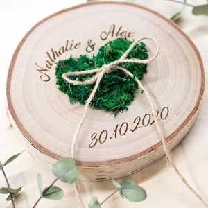 Wedding Ring bearer, Wooden Ring Pillow, Tree Slice, Moss Heart, Country Wedding Decor, Rustic Tree Slice, Ring Holder, Personalized Name image 2