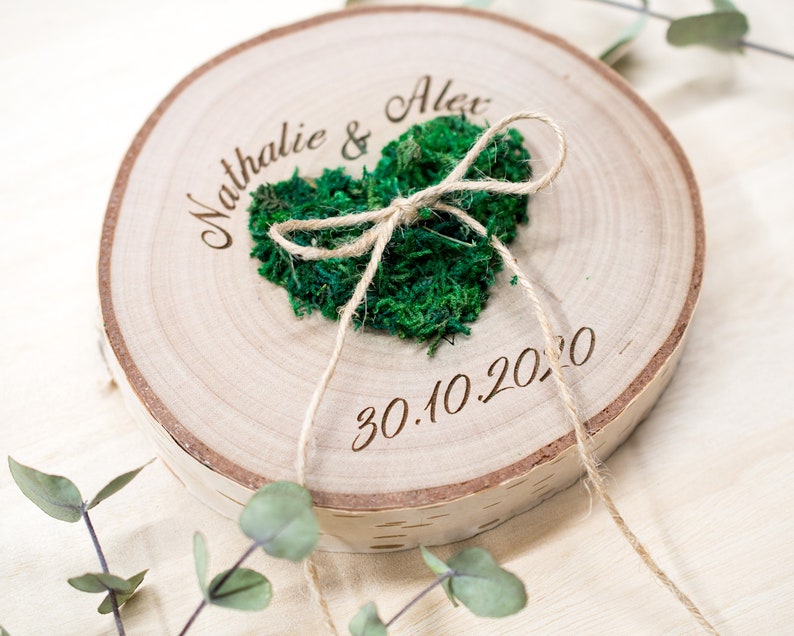 Wedding Ring bearer, Wooden Ring Pillow, Tree Slice, Moss Heart, Country Wedding Decor, Rustic Tree Slice, Ring Holder, Personalized Name image 2