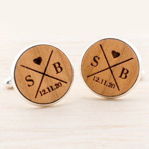 Personalized Wood Cuff Links Mens Jewelry Groom Groomsmen Cufflinks individual rustic country wedding Gift for man Wood handmade Bronze zdjęcie 4