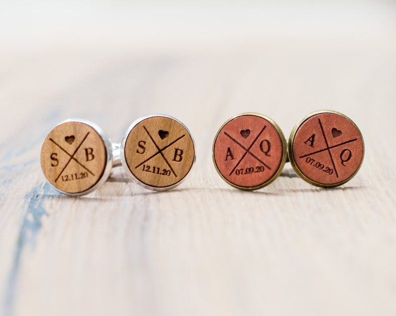 Personalized Wood Cuff Links Mens Jewelry Groom Groomsmen Cufflinks individual rustic country wedding Gift for man Wood handmade Bronze zdjęcie 8