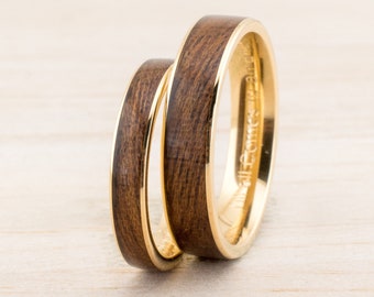 Holz Eheringe, Bentwood Trauringe Hochzeits Ringe, Holzringe Alternative, Gold Weißgold Rosegold, Unikate Trauring Set mit Holz, Bohostyle