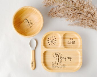 Bamboo plate with suction cup, bowl, spoon, baby plate made of bamboo, children's plate made of wood, baptism Christmas, children's cutlery, dinosaur