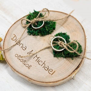 Wedding Ring bearer, Wooden Ring Pillow, Tree Slice, Moss Hearts, Country Wedding Decor, Rustic Tree Slice, Ring Holder, Personalized Name image 2