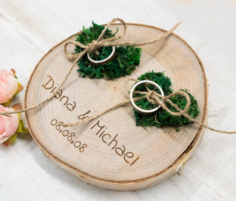 Wedding Ring bearer, Wooden Ring Pillow, Tree Slice, Moss Hearts, Country Wedding Decor, Rustic Tree Slice, Ring Holder, Personalized Name image 2