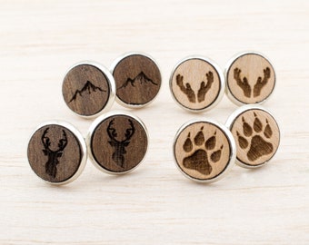 Wooden Ear Studs, With Motive Mountain - Antler - Deer - Paw, Gift for her, Gift for Women Girlfriend, for Men, natural jewelry earstuds