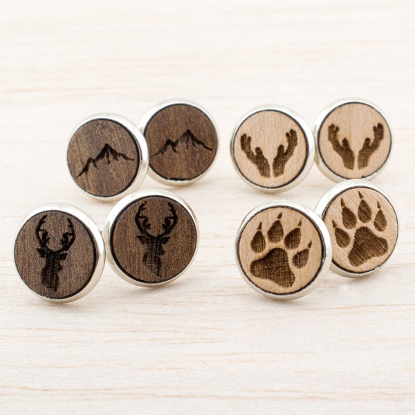 Wooden Ear Studs, With Motive Mountain - Antler - Deer - Paw, Gift for her, Gift for Women Girlfriend, for Men, natural jewelry earstuds