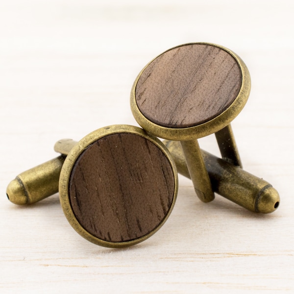 Vintage Wood Cuff Links Mens Jewelry Groom Cufflinks for rustic country wedding Gift for man Wood handmade Bronze