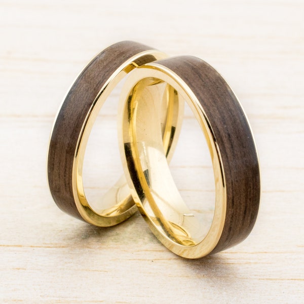 Gold and Wood Bentwood Ring matching Rings Yellowgold couple Ring Wooden Custom order wood rings couples engangement wedding rings