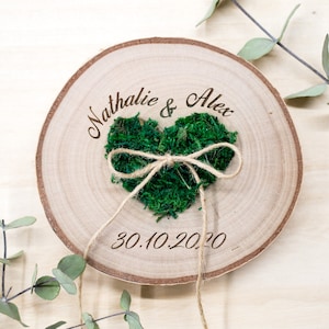 Wedding Ring bearer, Wooden Ring Pillow, Tree Slice, Moss Heart, Country Wedding Decor, Rustic Tree Slice, Ring Holder, Personalized Name image 1