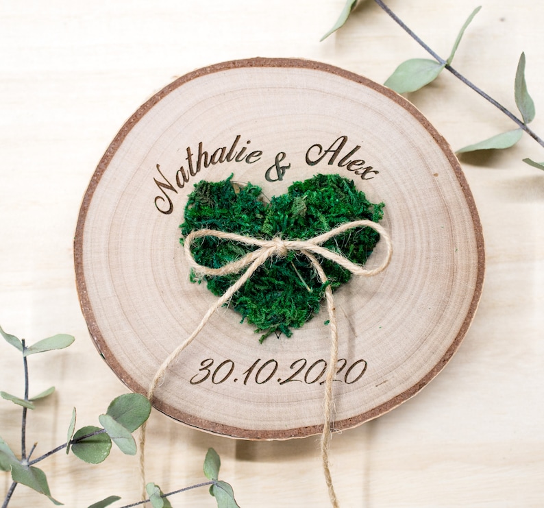 Wedding Ring bearer, Wooden Ring Pillow, Tree Slice, Moss Heart, Country Wedding Decor, Rustic Tree Slice, Ring Holder, Personalized Name image 1