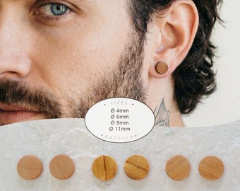Handgjorda örhängen i trä – Hållbara unisex-smycken – Olika storlekar 4/6/8/11 mm – Örhängen i naturligt trä för honom och henne