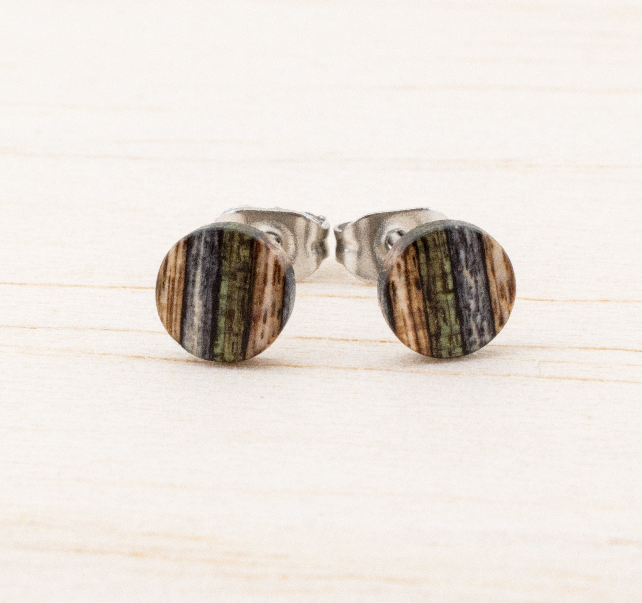 Upcycling ear studs 6mm, Summer Spring post earrings wooden, Recycling Earrings, mens stud earrings handmade, Gift for her, unisex jewelry